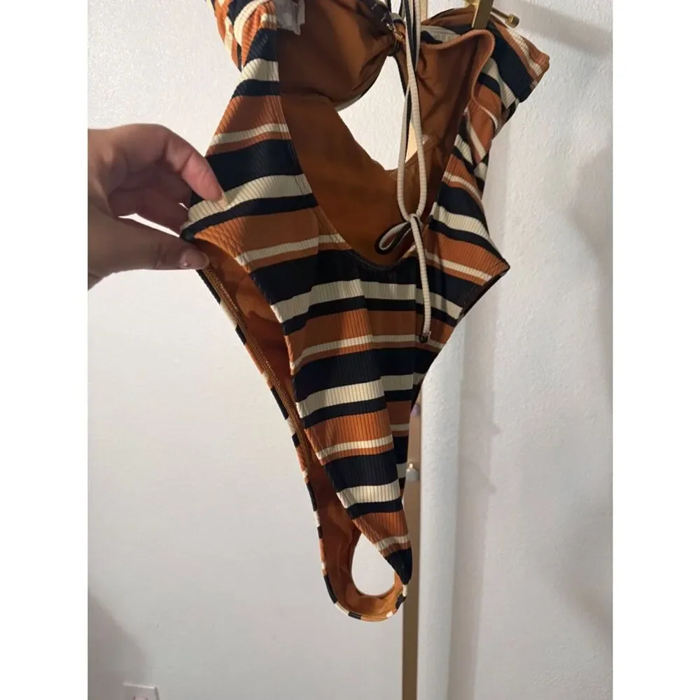 Striped Cutout One-Piece Swimsuit in Black, Rust & Cream- high leg- Large